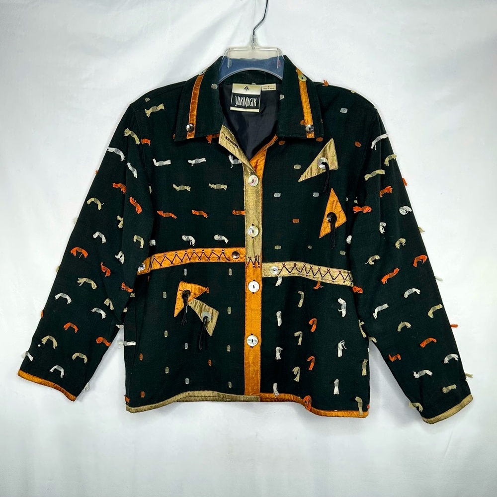 Yak Magik Jacket Black Cotton Copper Beige Silk Trim Boho Art To Wear Nepal Sz S